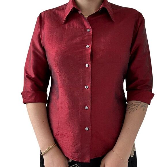 Vintage 1970s Red 100% Silk Womens Collared Button Down Minimalist Blouse Sz M - Picture 2 of 11